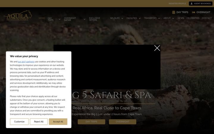 Screenshot of aquilasafari.com