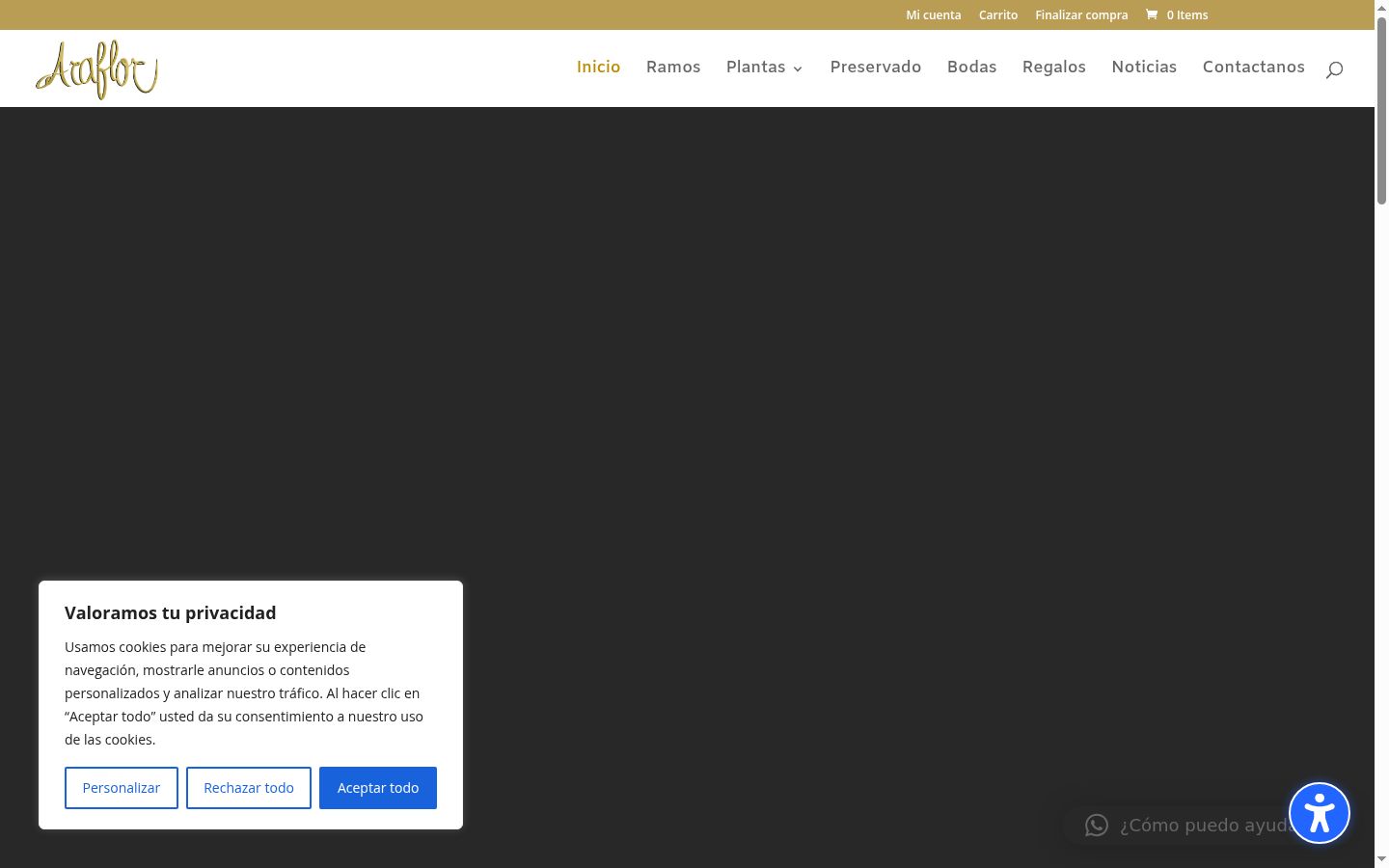 Captura de pantalla del banner de consentimiento mostrado antes de cualquier interacción
