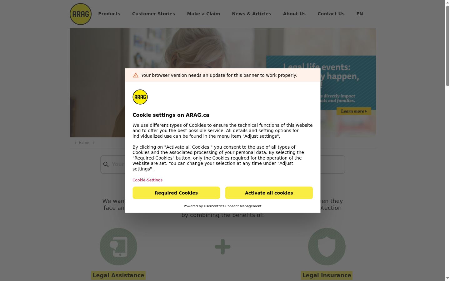 Screenshot des Einwilligungsbanners vor jeglicher Interaktion
