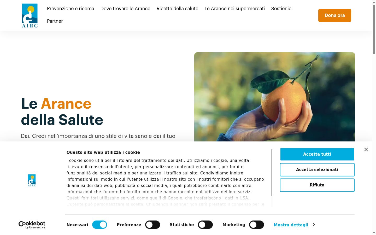 Screenshot del banner di consenso mostrato prima di qualsiasi interazione