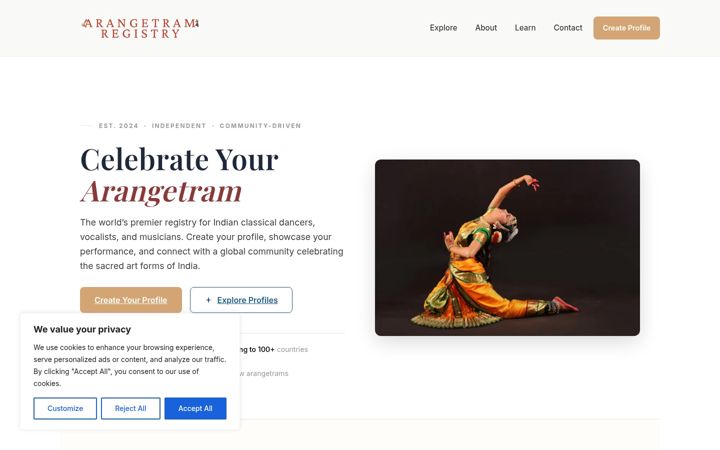 Screenshot of arangetramregistry.com