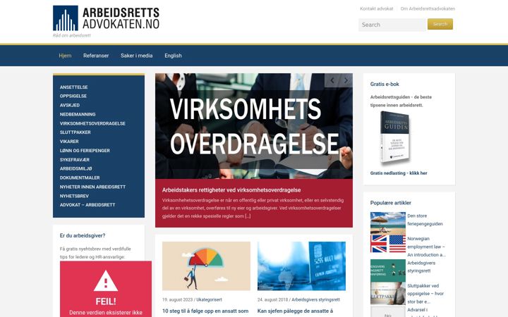 Screenshot of arbeidsrettsadvokaten.no