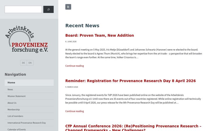 Screenshot of arbeitskreis-provenienzforschung.org