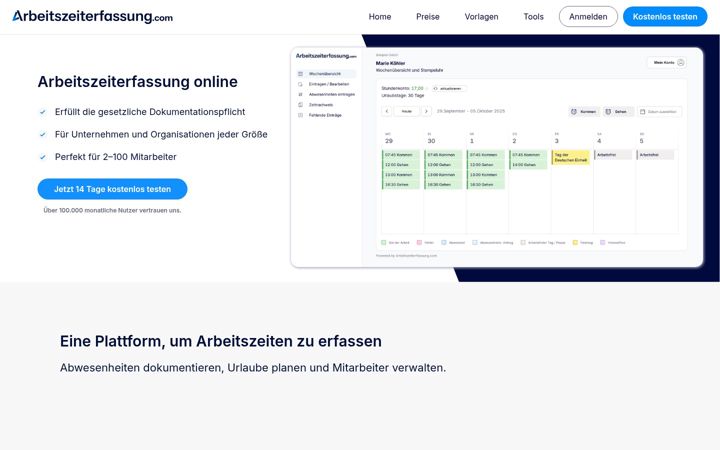 Screenshot of arbeitszeiterfassung.com