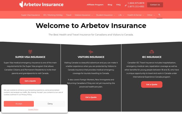 Screenshot of arbetovinsurance.com