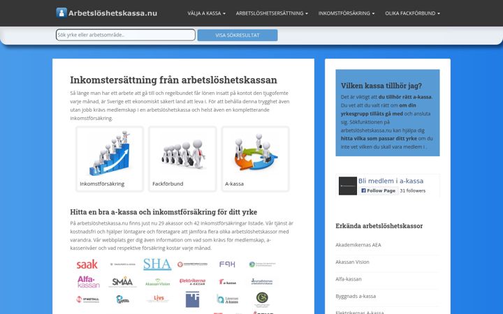 Screenshot of arbetsloshetskassa.nu