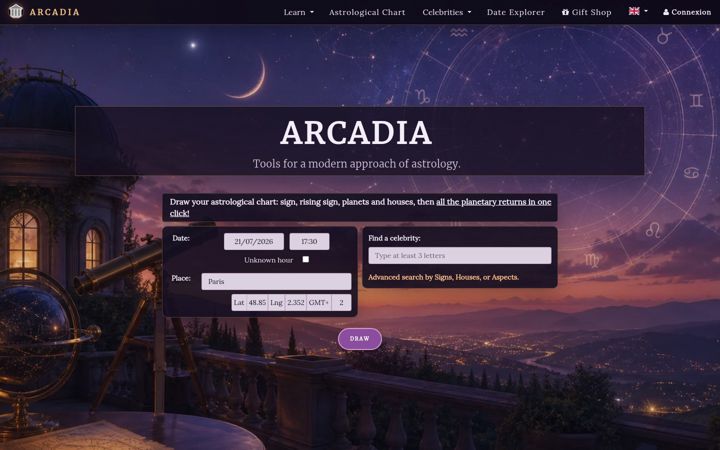 Screenshot ta' arcadia-astrology.com