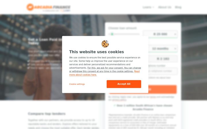 Screenshot of arcadiafinance.co.za