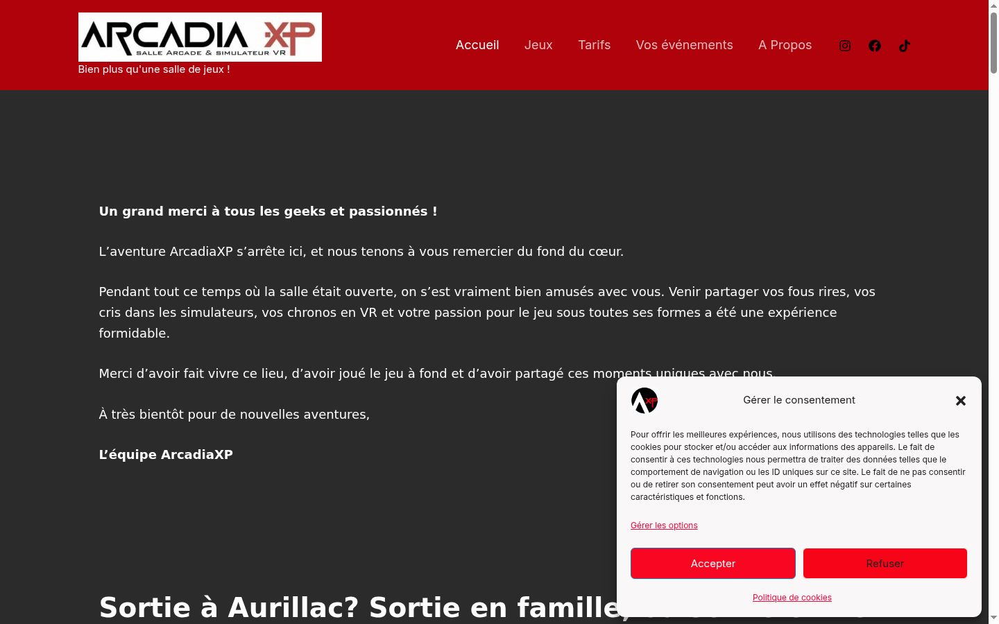 Capture d'écran de la bannière de consentement affichée avant toute interaction