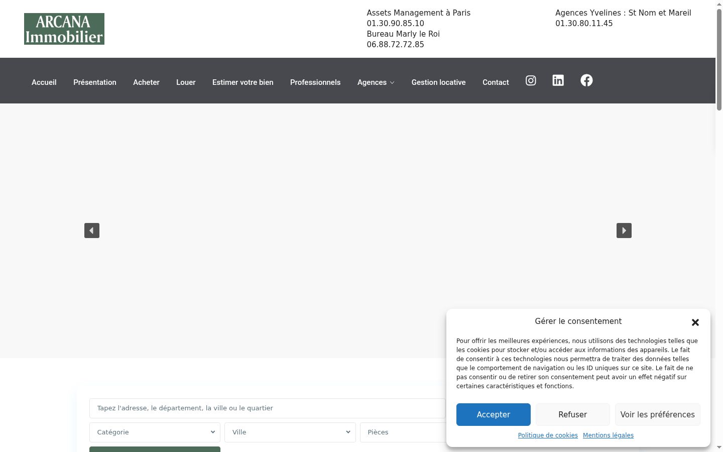 Capture d'écran de la bannière de consentement affichée avant toute interaction
