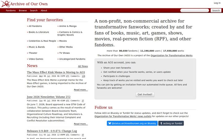 Screenshot of archiveofourown.org