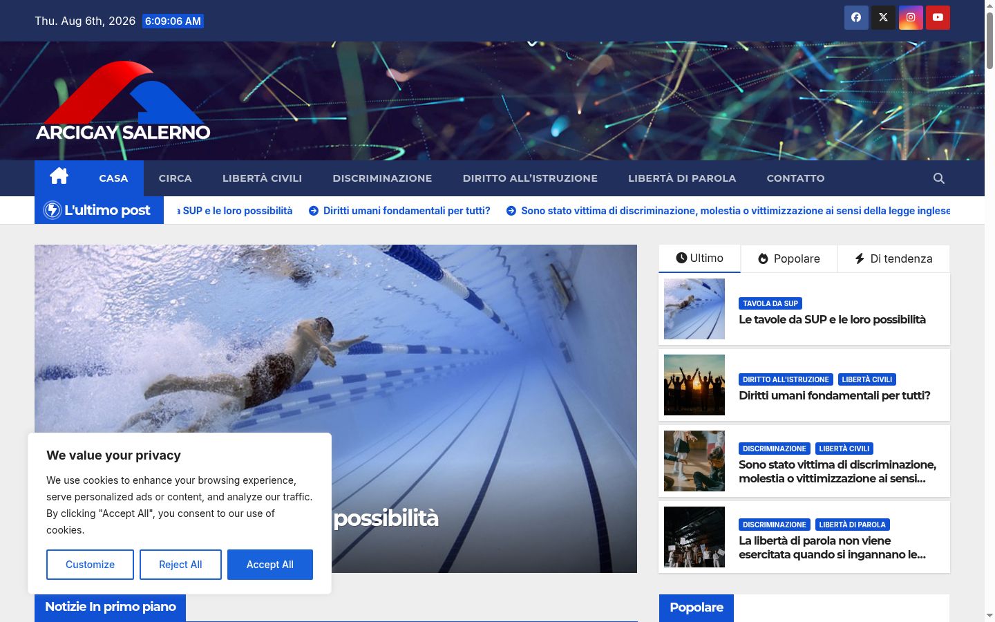 Screenshot del banner di consenso mostrato prima di qualsiasi interazione