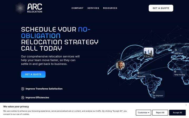 Captură de ecran a arcrelocation.com