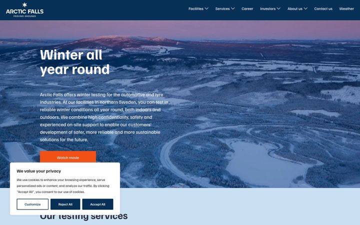 Snímek obrazovky arcticfalls.se