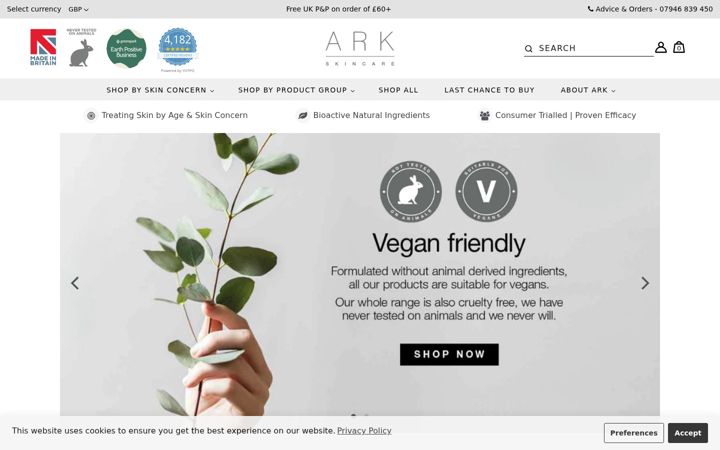 Skärmbild av arkskincare.com