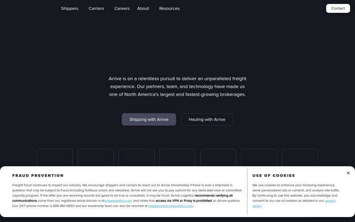 Screenshot of arrivelogistics.com