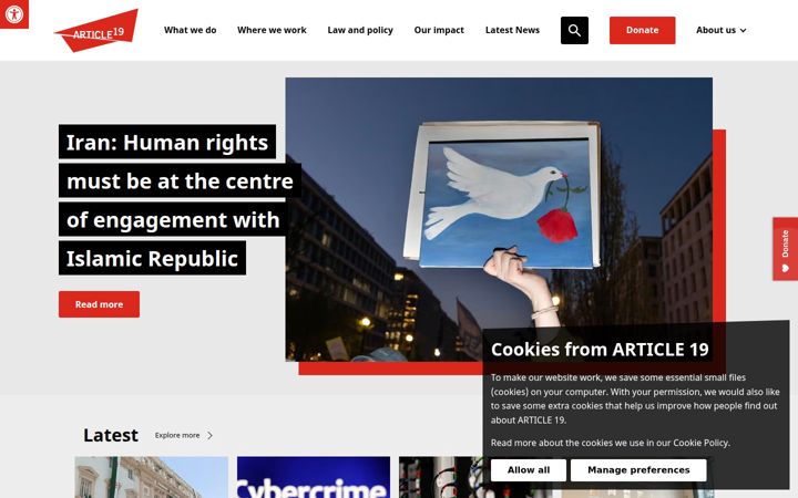 Screenshot of article19.org