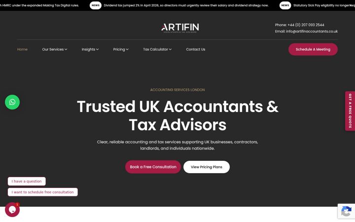 Posnetek zaslona artifinaccountants.co.uk