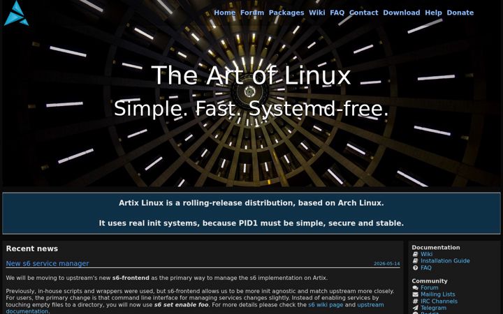 Skjámynd af artixlinux.org