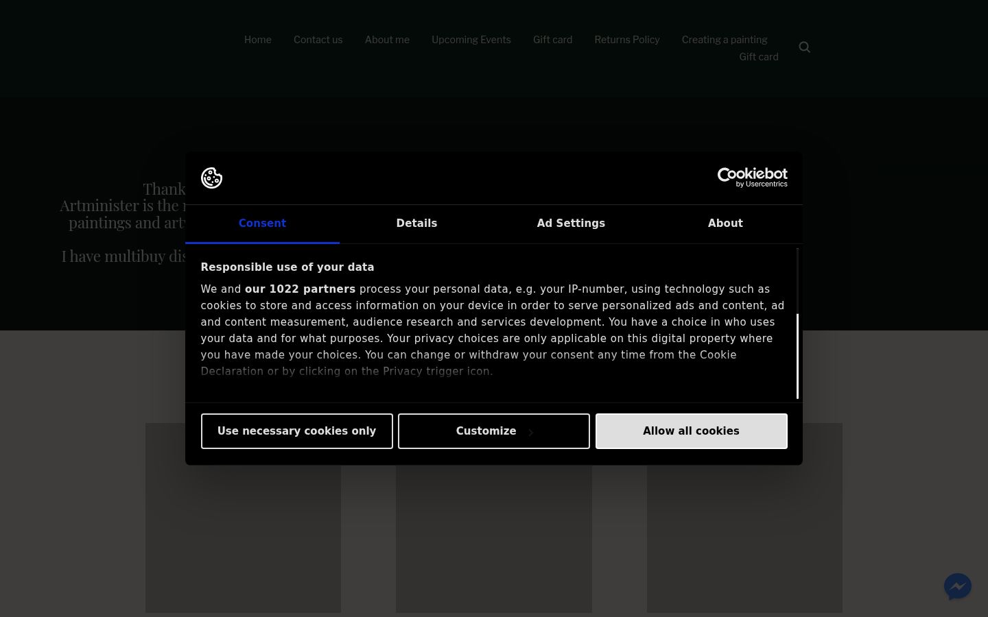 Captura de ecrã do banner de consentimento apresentado antes de qualquer interação