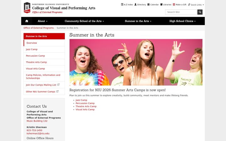 Screenshot of artscamps.niu.edu