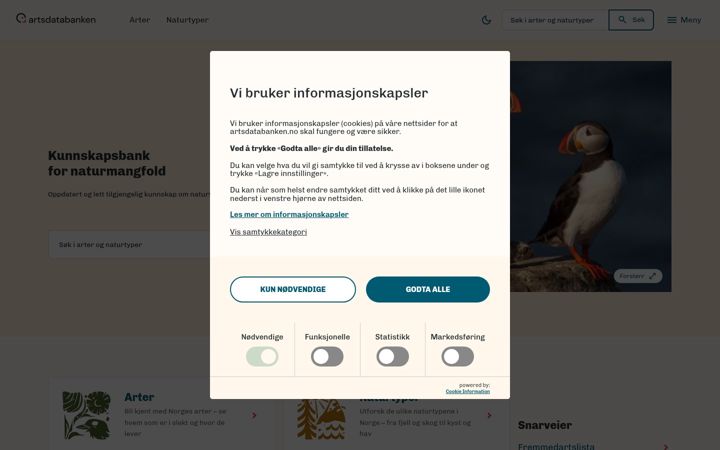 Screenshot of artsdatabanken.no