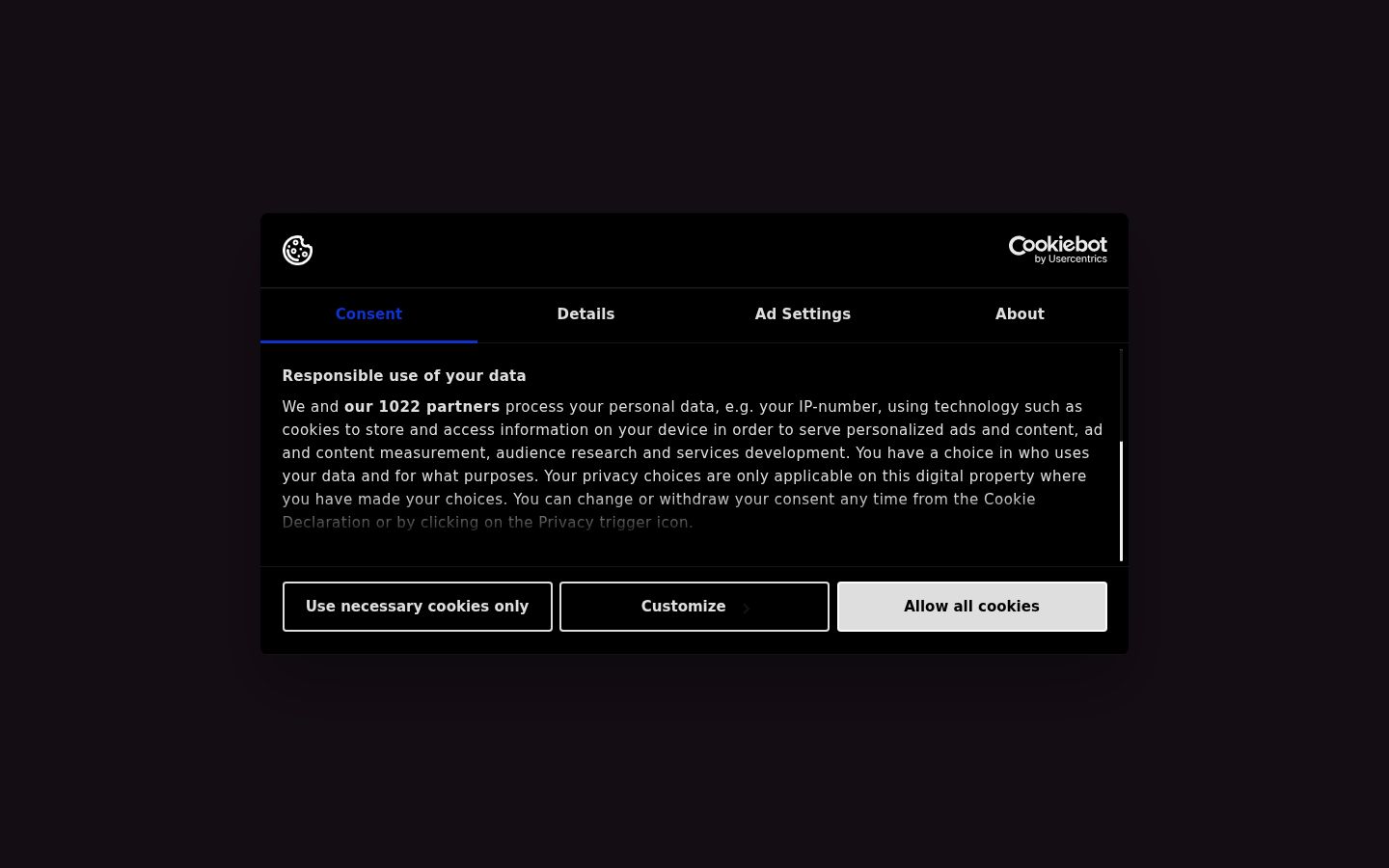 Captura de ecrã do banner de consentimento apresentado antes de qualquer interação