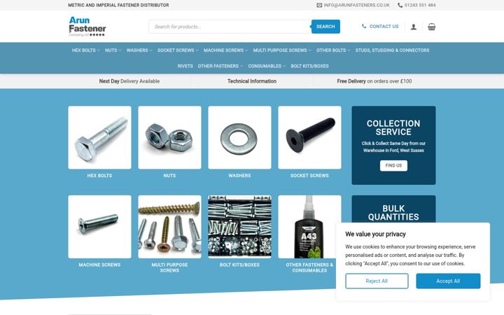 Ekrano kopija arunfasteners.co.uk