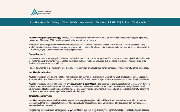 Skjámynd af arvokkuusterapia.fi