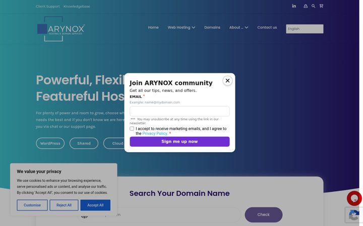 Screenshot of arynoxhosting.com