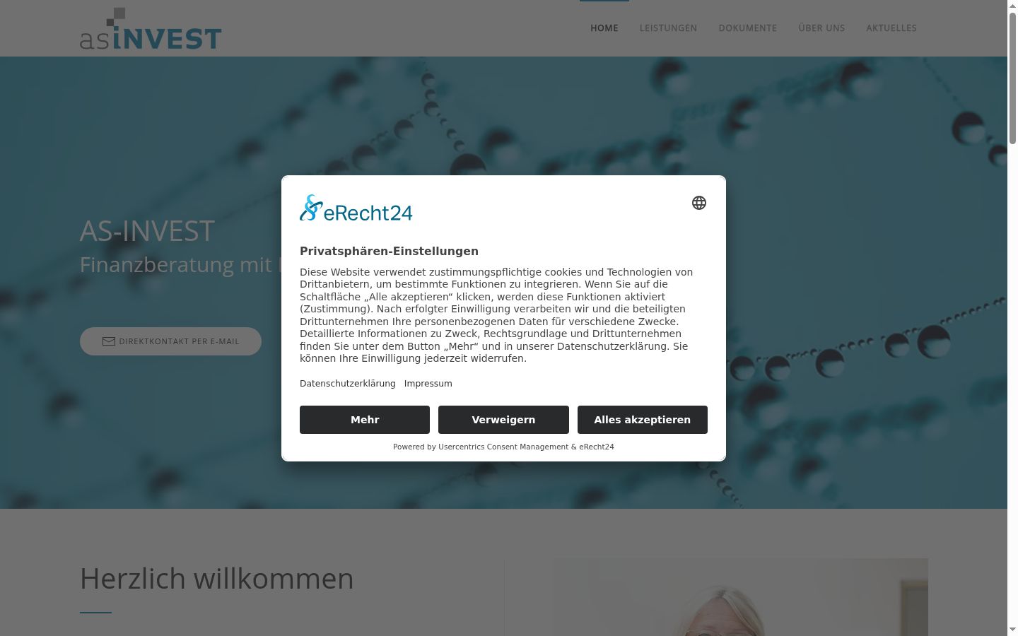Screenshot des Einwilligungsbanners vor jeglicher Interaktion