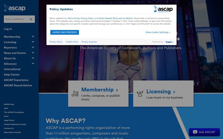 Screenshot van ascap.com