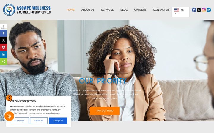 Screenshot of ascapewellnessandcounselingservices.com