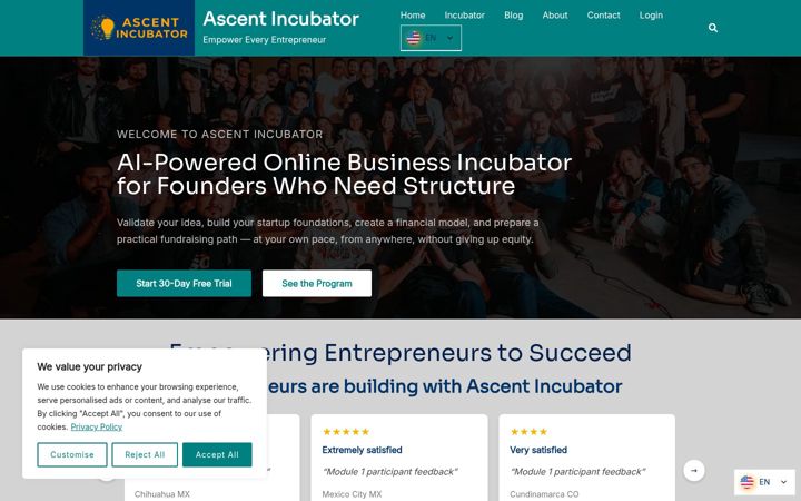 Screenshot of ascentincubator.com