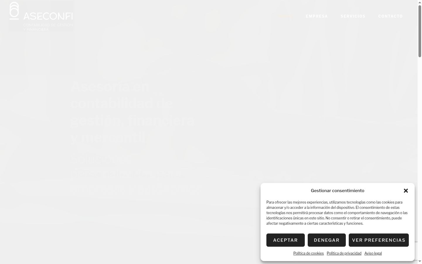 Captura de pantalla del banner de consentimiento mostrado antes de cualquier interacción