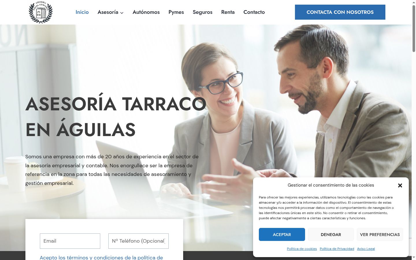 Captura de pantalla del banner de consentimiento mostrado antes de cualquier interacción