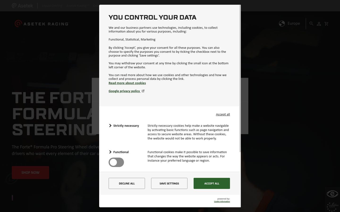 Screenshot del banner di consenso mostrato prima di qualsiasi interazione