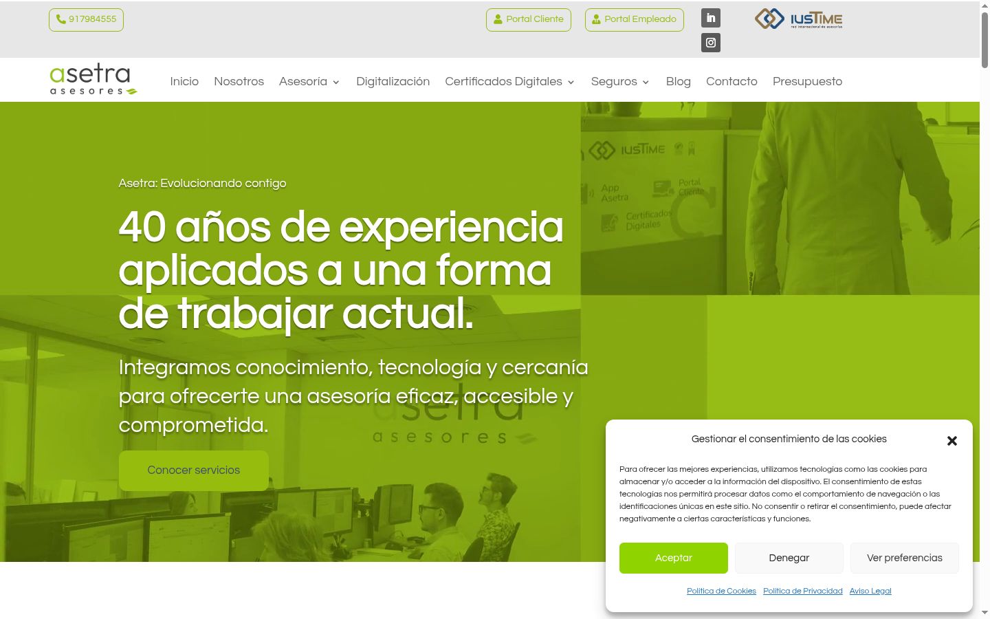 Captura de pantalla del banner de consentimiento mostrado antes de cualquier interacción