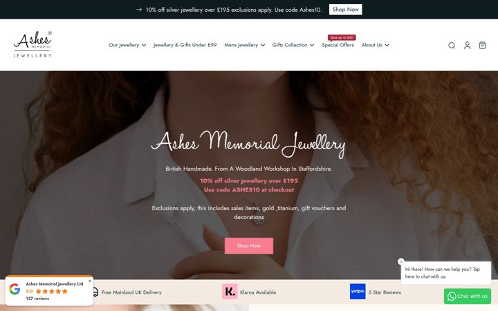Screenshot of ashesmemorialjewellery.com
