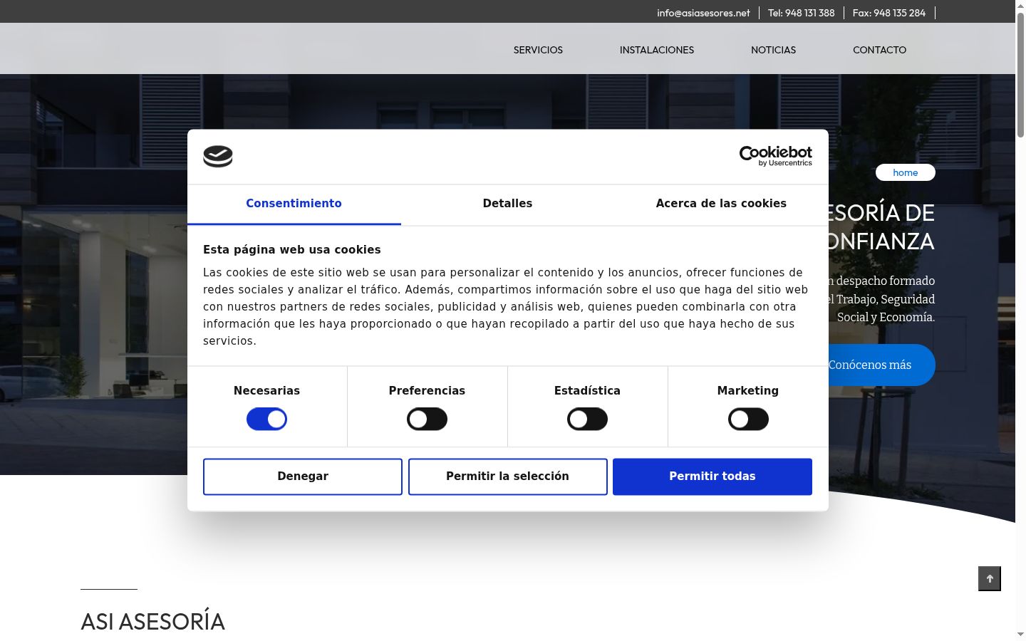 Captura de pantalla del banner de consentimiento mostrado antes de cualquier interacción