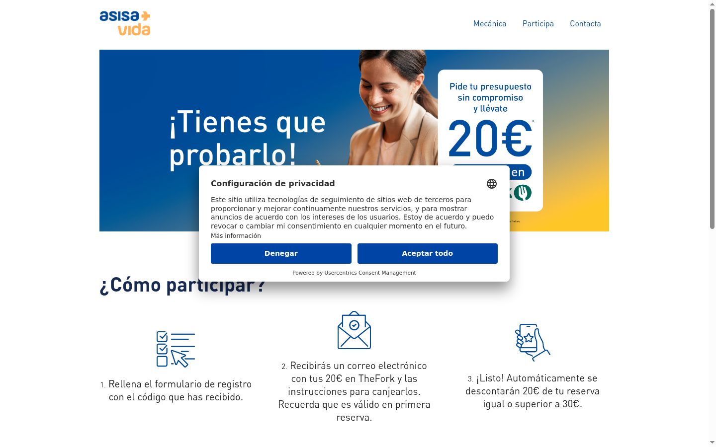 Captura de ecrã do banner de consentimento apresentado antes de qualquer interação