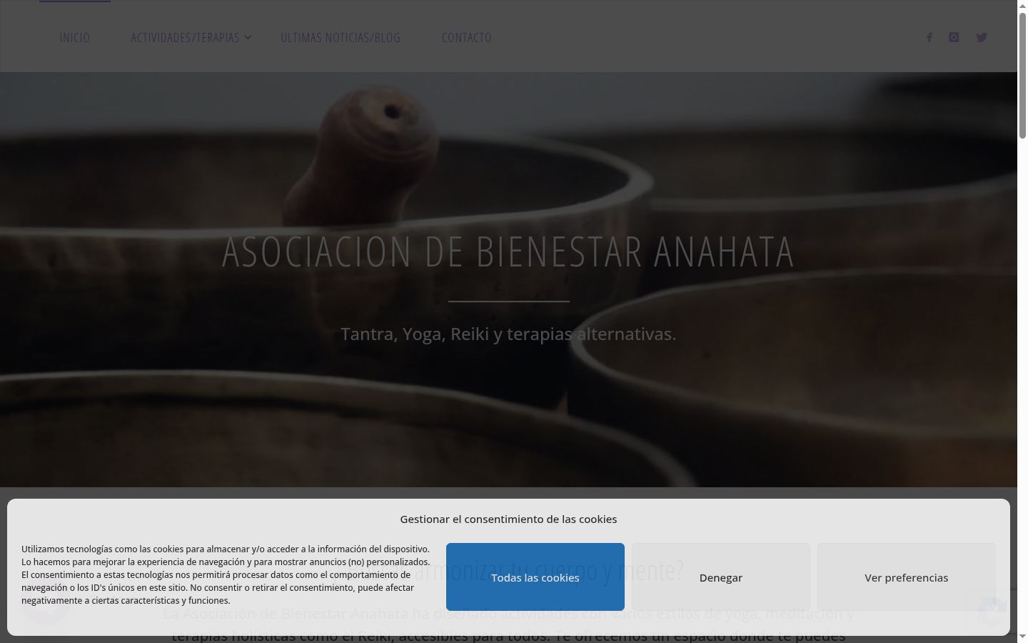 Captura de pantalla del banner de consentimiento mostrado antes de cualquier interacción