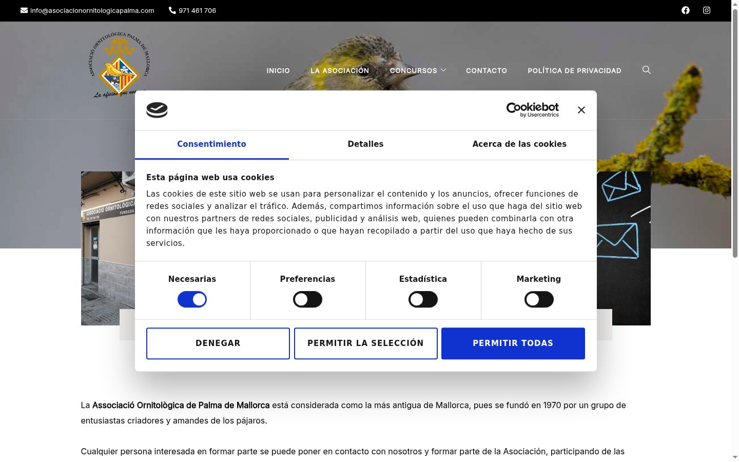 Captura de pantalla del banner de consentimiento mostrado antes de cualquier interacción