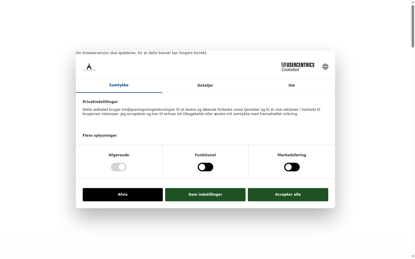 Captura de pantalla del banner de consentimiento mostrado antes de cualquier interacción