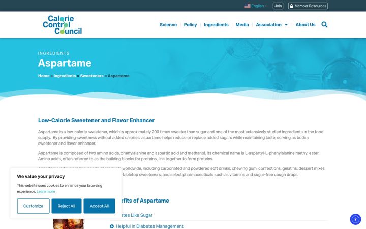 Screenshot of aspartame.org