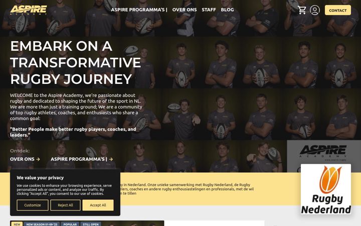 Screenshot stránky aspire.rugby