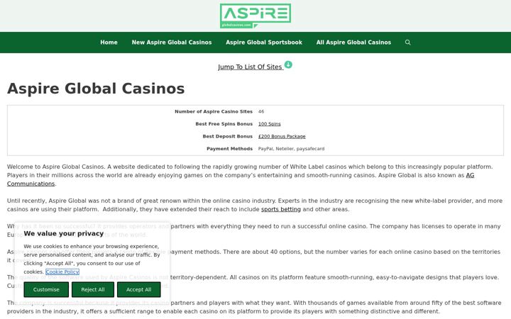 Snímek obrazovky aspireglobalcasinos.com