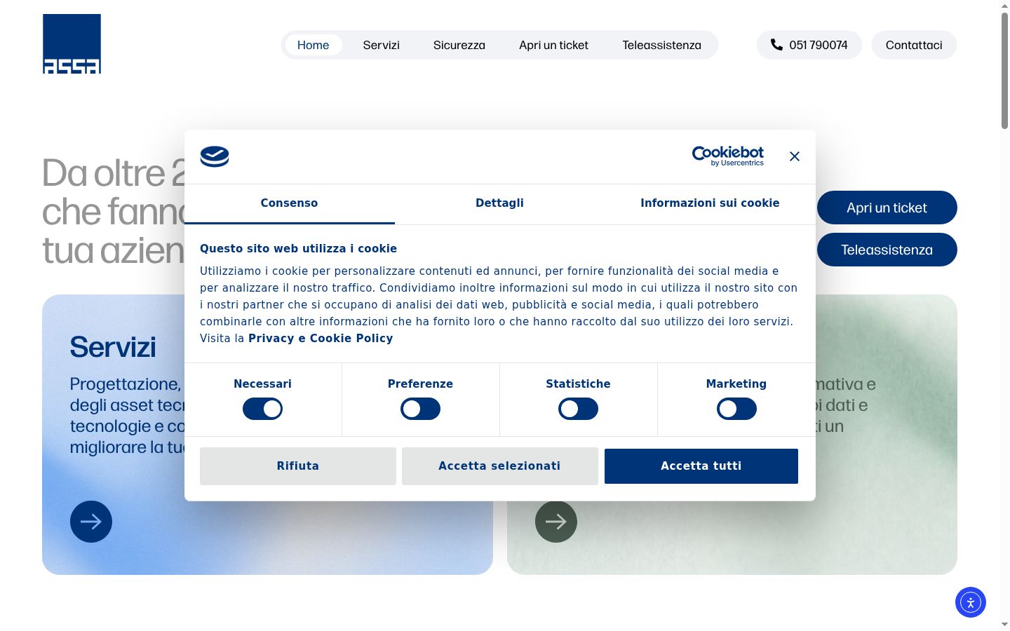 Screenshot del banner di consenso mostrato prima di qualsiasi interazione