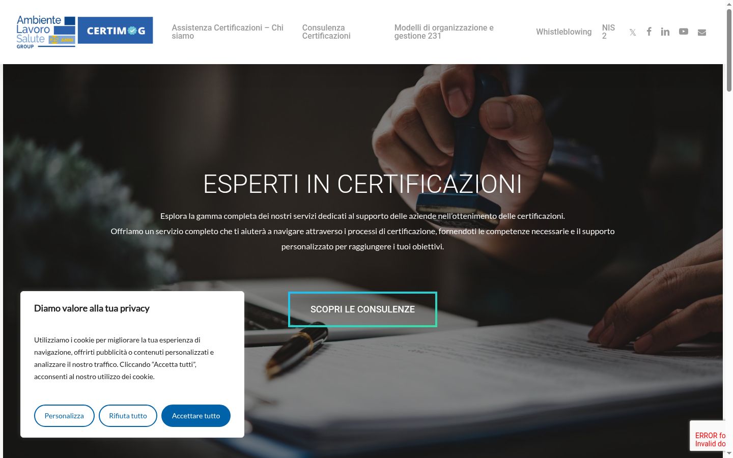 Screenshot del banner di consenso mostrato prima di qualsiasi interazione
