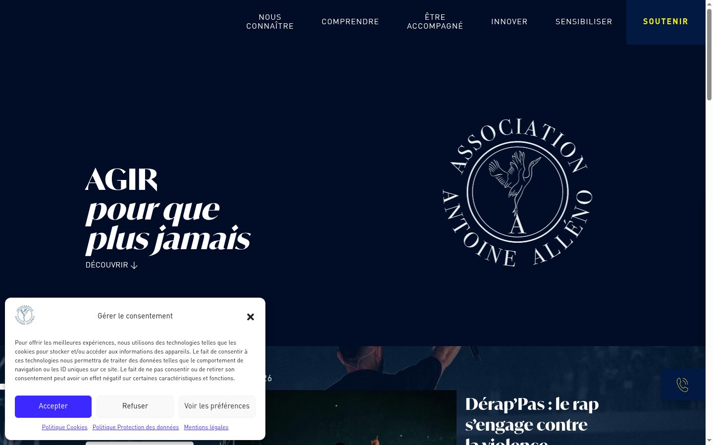 Capture d'écran de la bannière de consentement affichée avant toute interaction